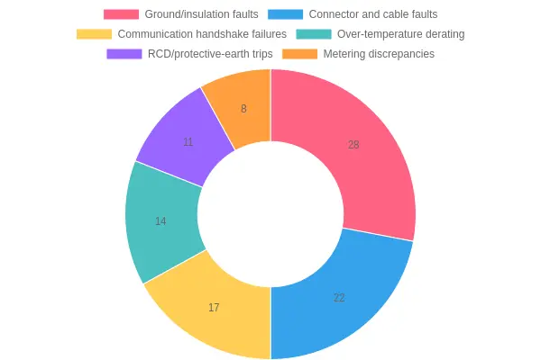 Doughnut chart showing the distribution of charge point fault categories, with ground/insulation faults at 28%, connector and cable faults at 22%, communication handshake failures at 17%, over-temperature derating at 14%, RCD/protective-earth trips at 11%, and metering discrepancies at 8%.
