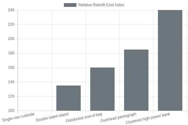 Vertical bar chart titled "Ventilation Retrofit Cost by Charger Placement Layout" comparing the relative ventilation retrofit cost index across five charger placement layouts: Single-row curbside at 100, Double-sided island at 135, Distributed end-of-bay at 160, Overhead pantograph at 185, and Clustered high-power bank at 240, with the y-axis showing the relative retrofit cost index and the x-axis showing charger placement layout.