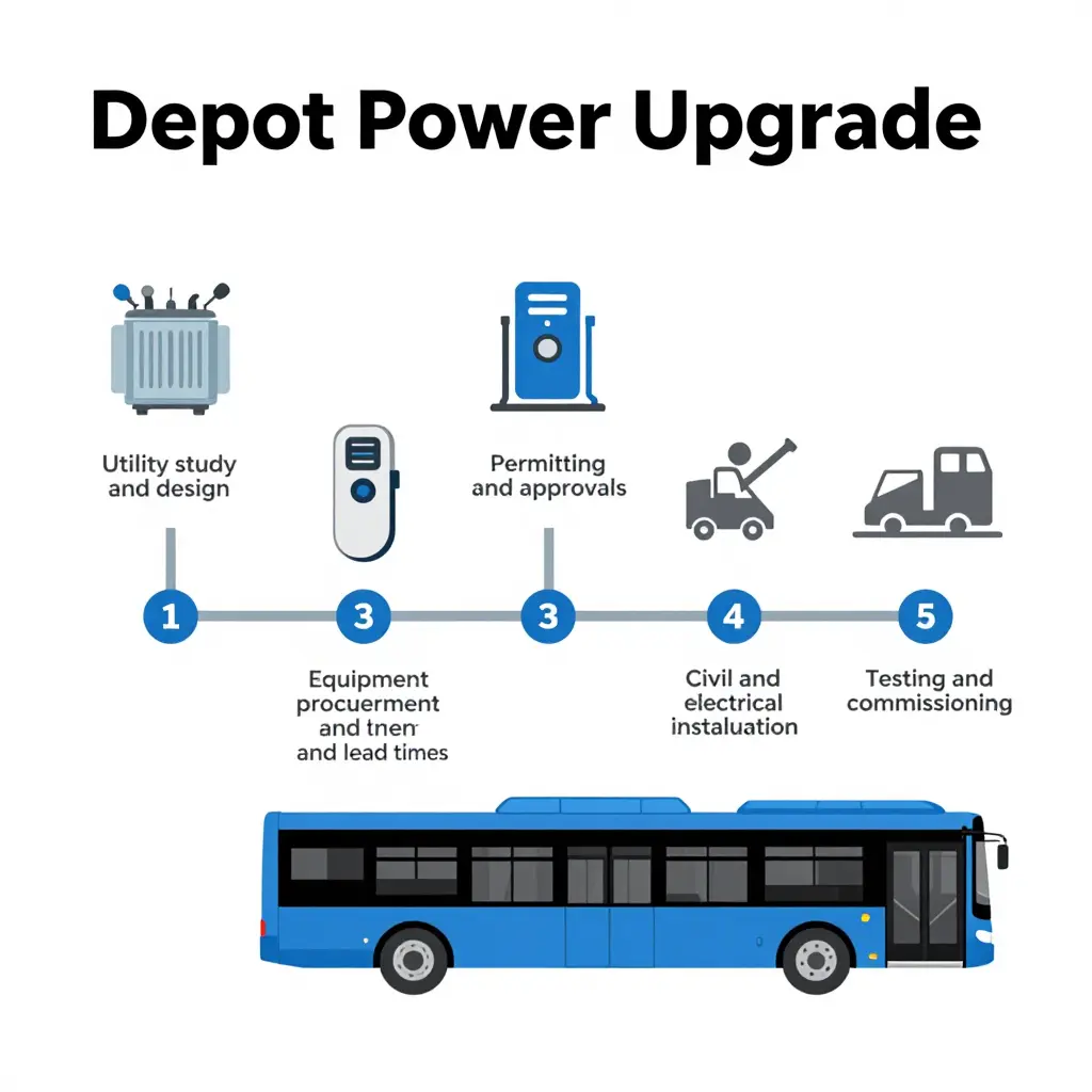Depot power upgrade project timeline showing design, permitting, procurement, installation, and commissioning stages