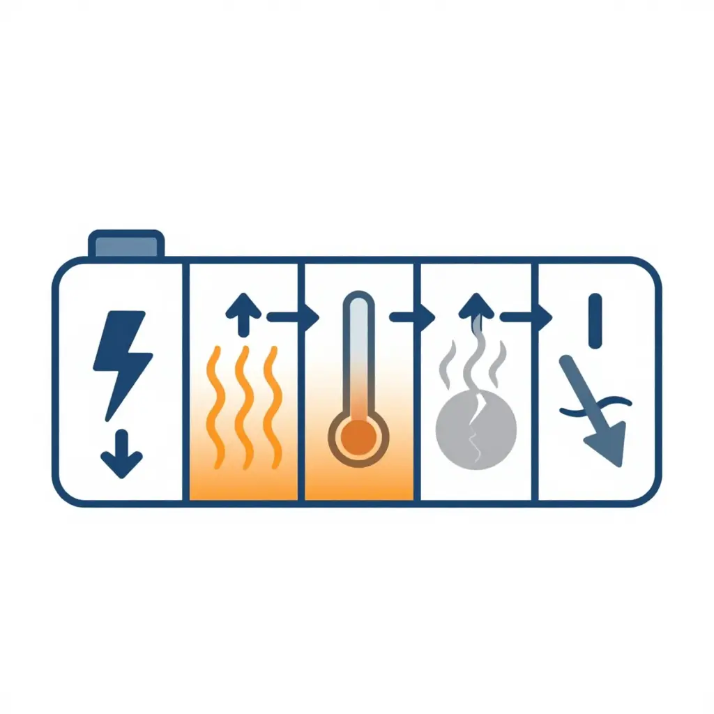 Schematic 2D diagram showing how fast charging introduces thermal and structural stress into an electric bus battery pack, flowing from high-power charging input to heat generation, cell stress, and accelerated degradation