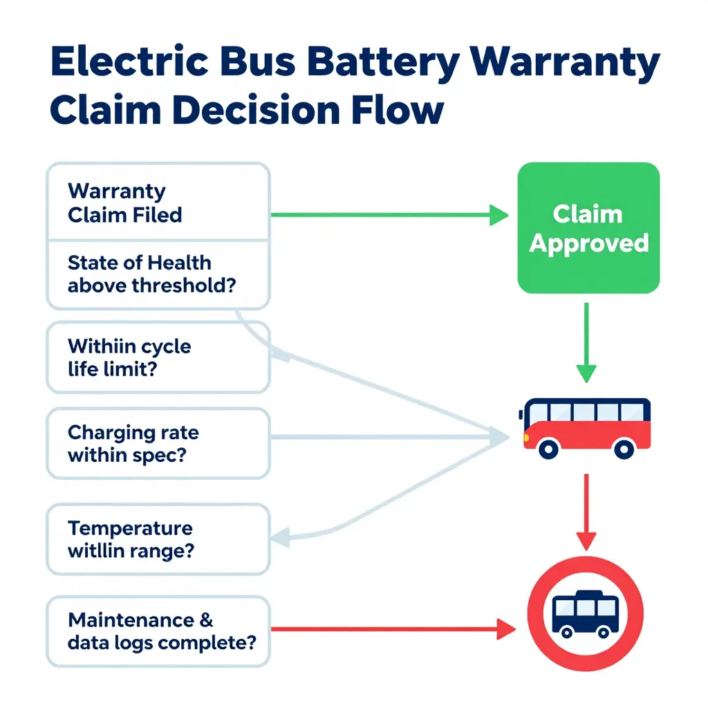 Flowchart showing how an electric bus battery warranty claim is evaluated, from filing through state of health, cycle life, charging rate, temperature, and maintenance checks to approval or denial