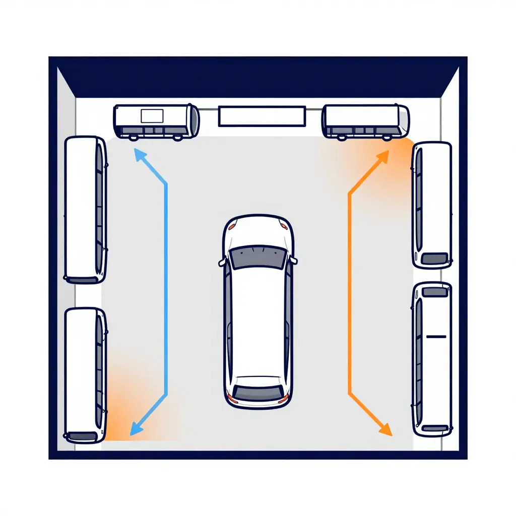 Flat two-dimensional schematic showing charger placement across bus bay outlines with directional arrows for supply and exhaust air paths and shaded heat-accumulation zones near clustered chargers