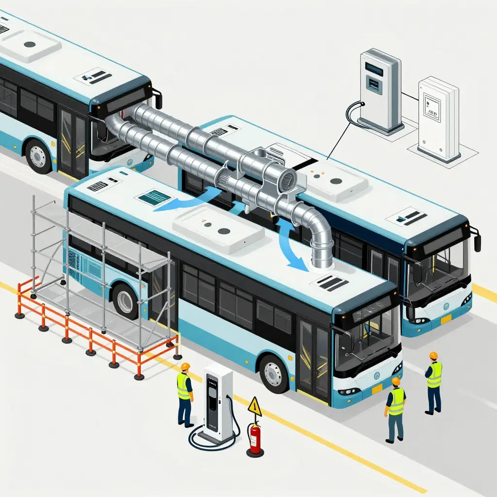 Electric bus depot mid-retrofit with one bay cordoned off, temporary chargers, and new overhead ventilation ducting being installed