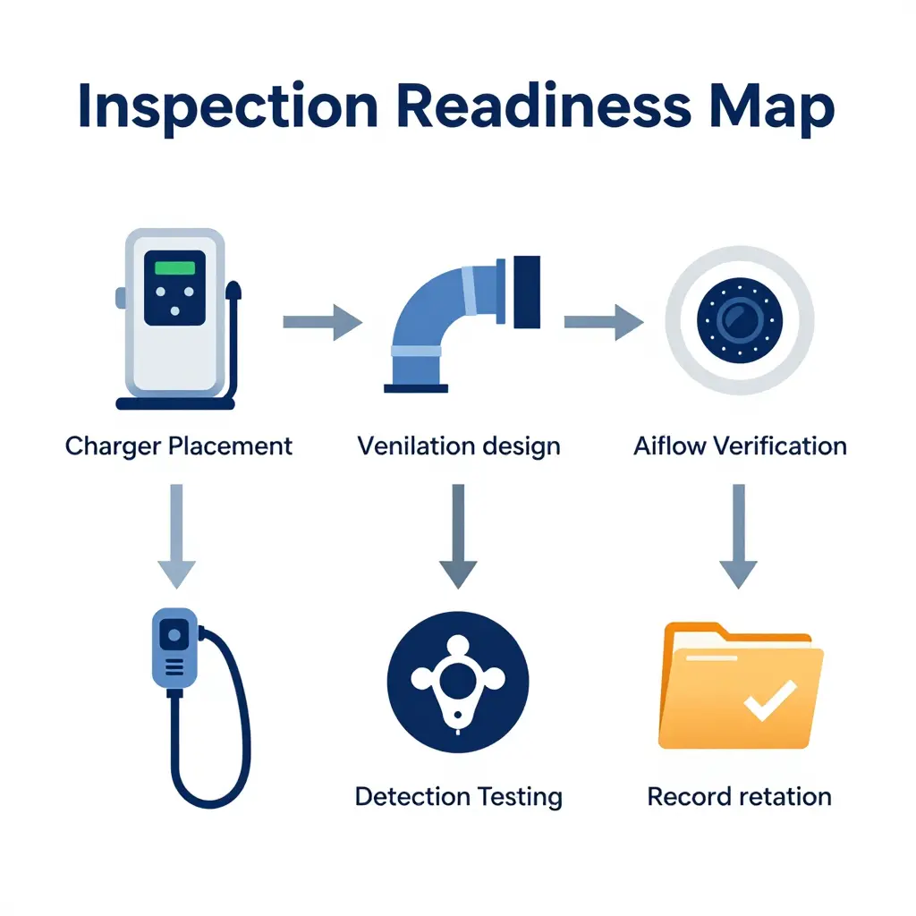 Inspection readiness map linking charger placement drawing to ventilation design, airflow verification, detection testing, and record retention