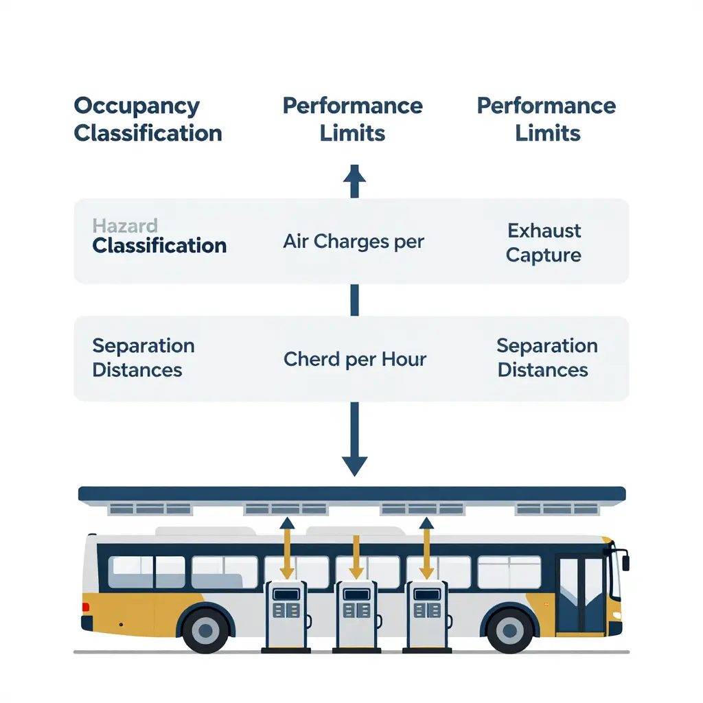 Layered diagram showing how depot codes are structured around occupancy, hazard classification, and performance limits such as air changes per hour, exhaust capture, and separation distances.
