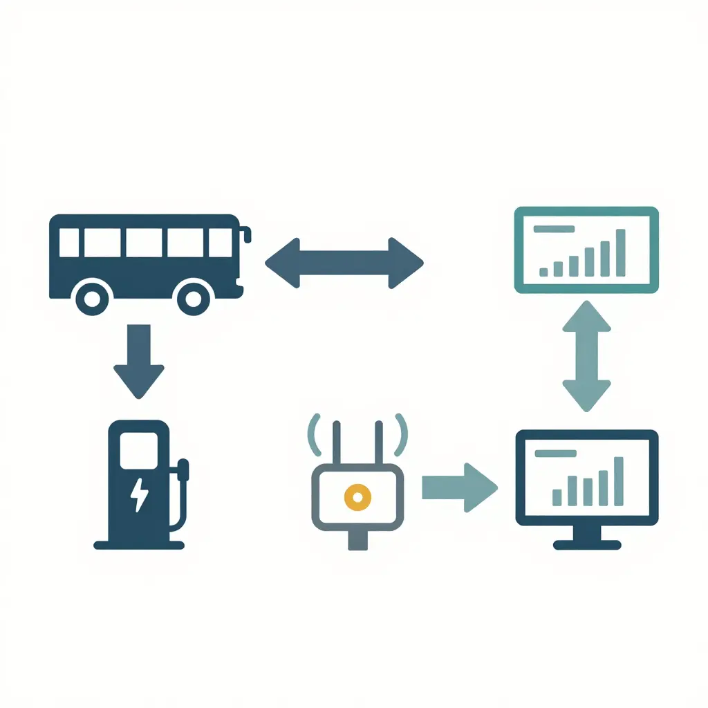 A minimalist 2D schematic diagram showing electric bus telematics data flow: an electric bus icon and a charge point icon both send data via directional arrows into a central depot network gateway icon, which then forwards that data along a single arrow to a fleet management dashboard icon, all rendered in a flat geometric style with a restrained blue, teal, grey, and amber palette.