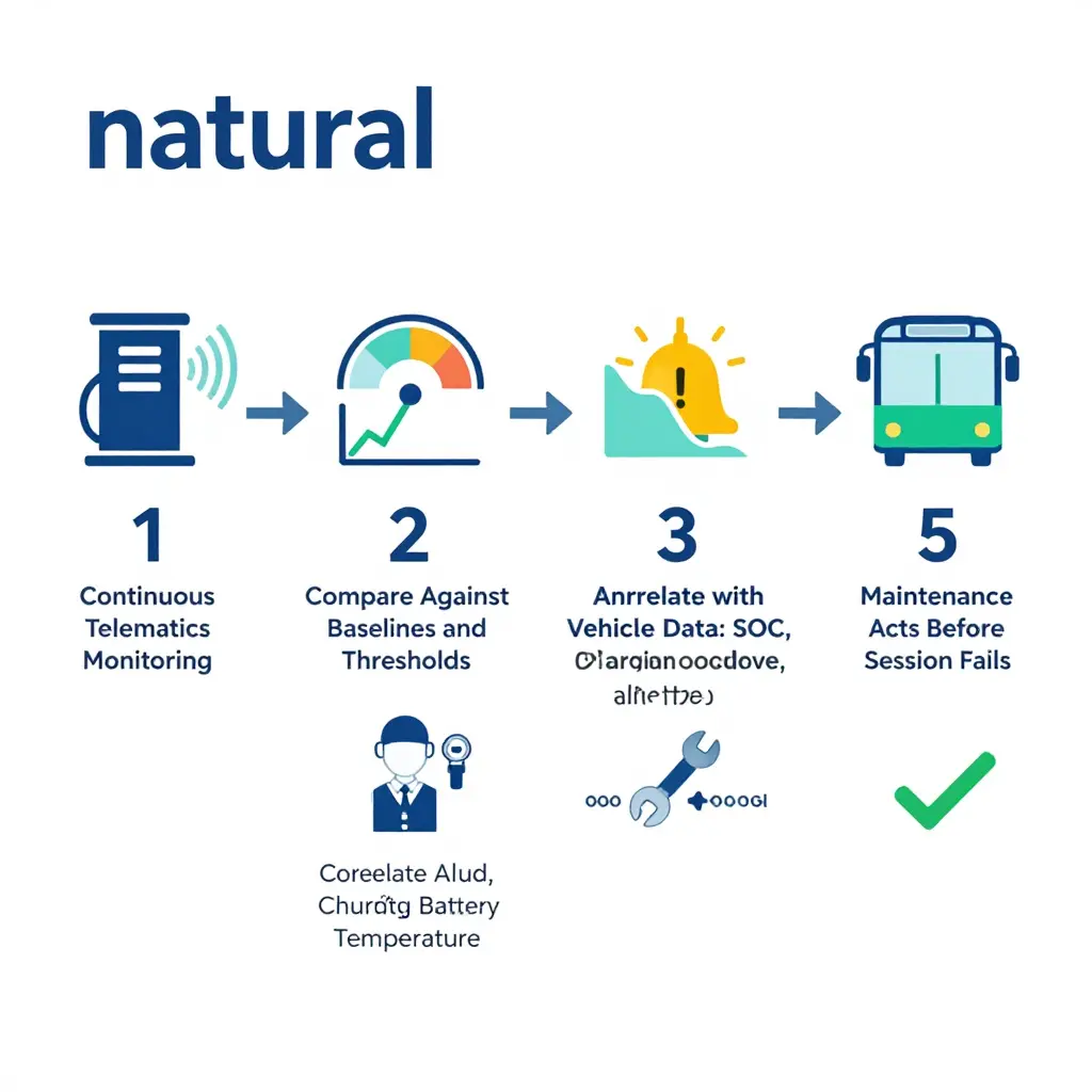 Infographic showing the proactive charge point fault detection pipeline for electric bus telematics: continuous monitoring, baseline comparison, anomaly detection, vehicle-data correlation, and pre-emptive maintenance action.