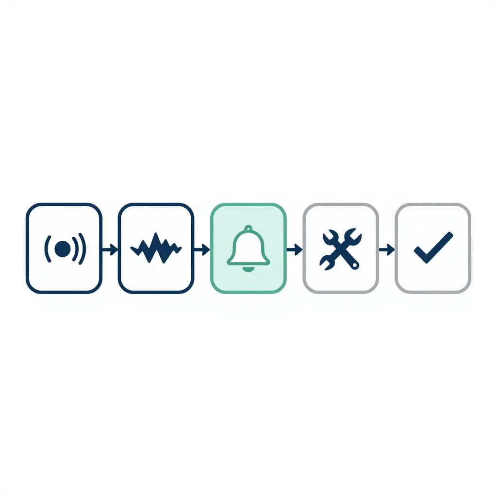 Minimalist left-to-right five-step flowchart showing continuous telematics monitoring flowing into anomaly detection, an alert to the fleet team, maintenance dispatch, and fault resolution.