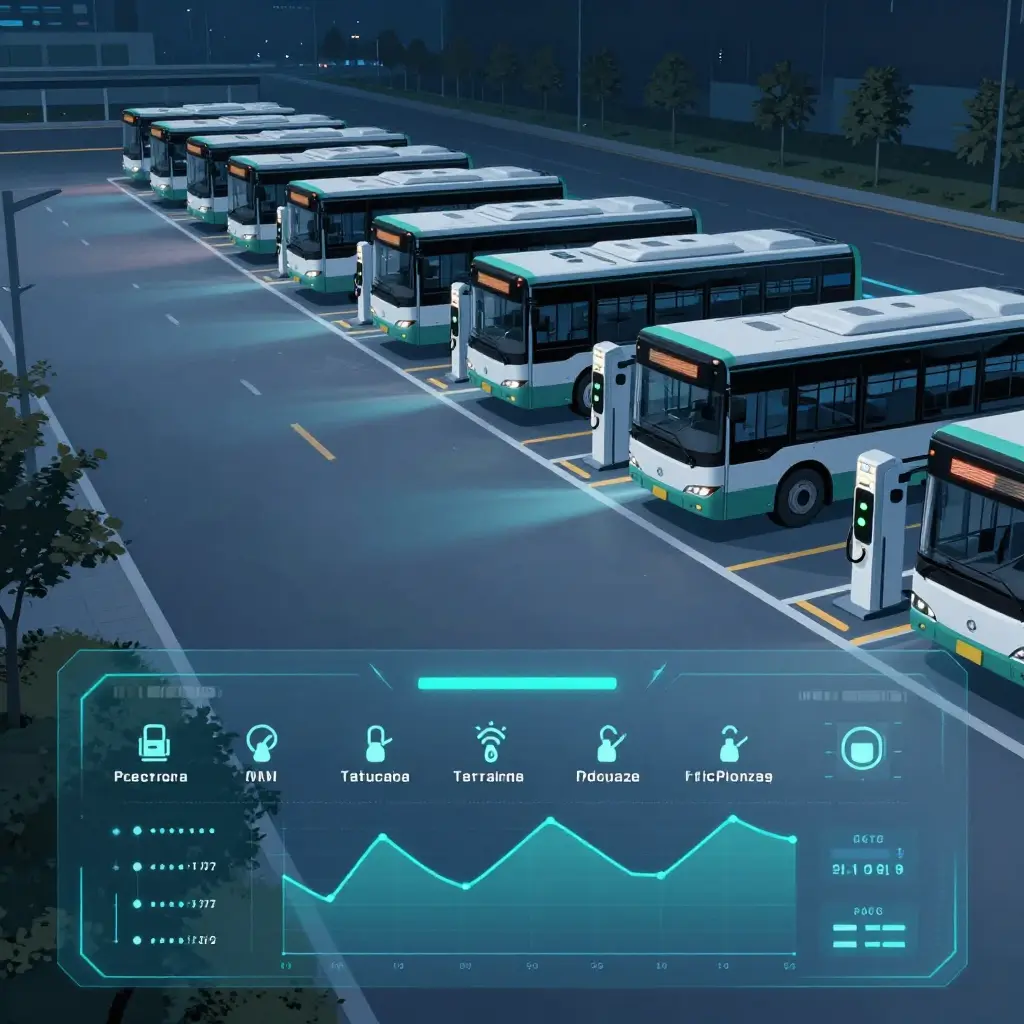 Electric bus depot at night with a telematics dashboard overlay detecting charge point faults