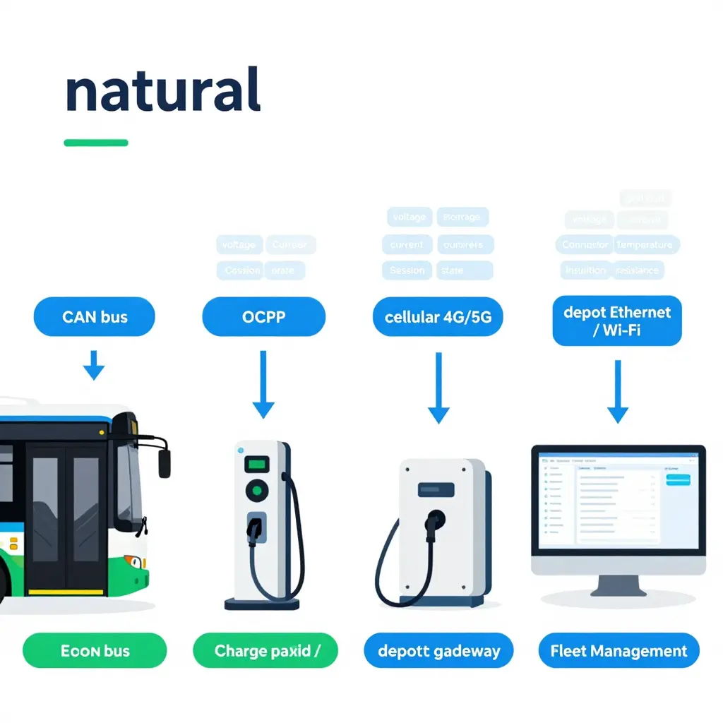 Electric bus telematics data flow from vehicle and charge point through depot gateway to fleet dashboard
