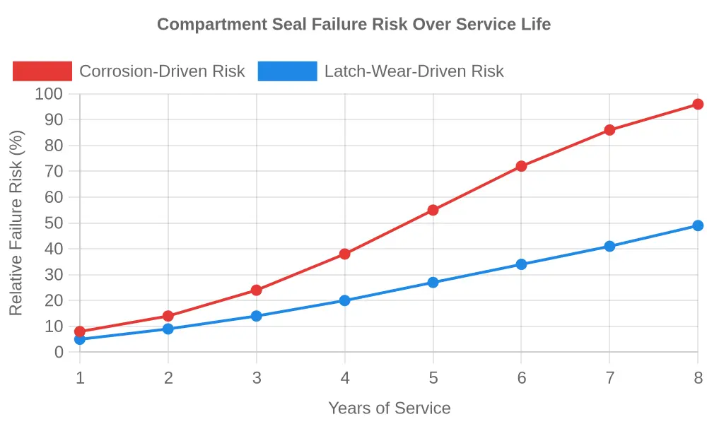 Line chart titled "Compartment Seal Failure Risk Over Service Life" plotting two ascending data series across an eight-year service timeline. The x-axis is labeled "Years of Service" (1 through 8) and the y-axis is labeled "Relative Failure Risk (%)" (0 to 100). A red solid line with circular markers represents "Corrosion-Driven Risk," rising steeply from 8% at Year 1 to 96% by Year 8. A blue dashed line with square markers represents "Latch-Wear-Driven Risk," rising gradually from 5% at Year 1 to 49% by Year 8. A legend in the top-left corner distinguishes the two curves, which visibly diverge as service life increases.