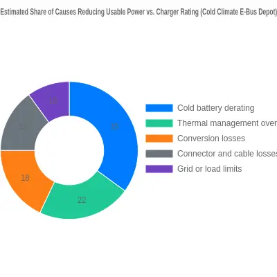 Doughnut chart showing the estimated share of causes that reduce usable power relative to charger rating at a cold climate electric bus depot: cold battery derating 35%, thermal management overhead 22%, conversion losses 18%, connector and cable losses 15%, and grid or load limits 10%.