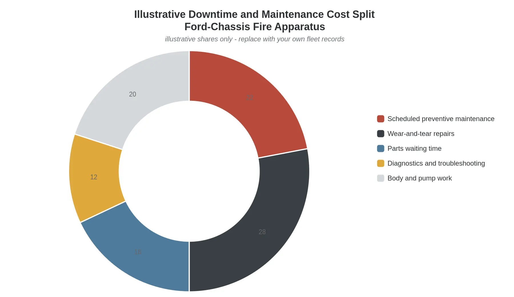 Doughnut chart showing an illustrative split of downtime and maintenance cost for Ford-chassis fire apparatus across preventive maintenance, wear-and-tear repairs, parts waiting time, diagnostics, and body and pump work