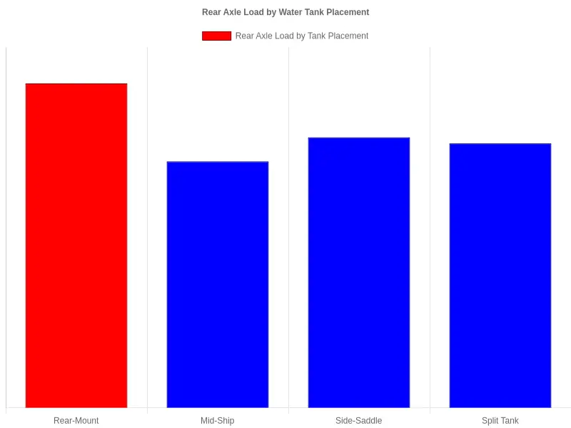Bar chart titled "Rear Axle Load by Water Tank Placement" comparing rear axle load across rear-mount, mid-ship, side-saddle and split tank configurations. Rear-mount sits at 108 percent of GAWR, well above the dashed GAWR limit line, while mid-ship is lowest at 82 percent, and side-saddle and split tank sit at 90 and 88 percent.