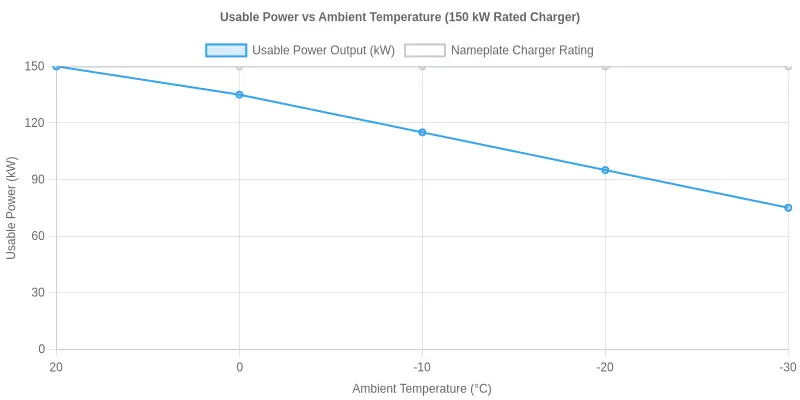 Line chart showing usable power from a 150 kW rated charger declining from 150 kW at 20°C to about 75 kW at -30°C, compared with the flat nameplate rating line