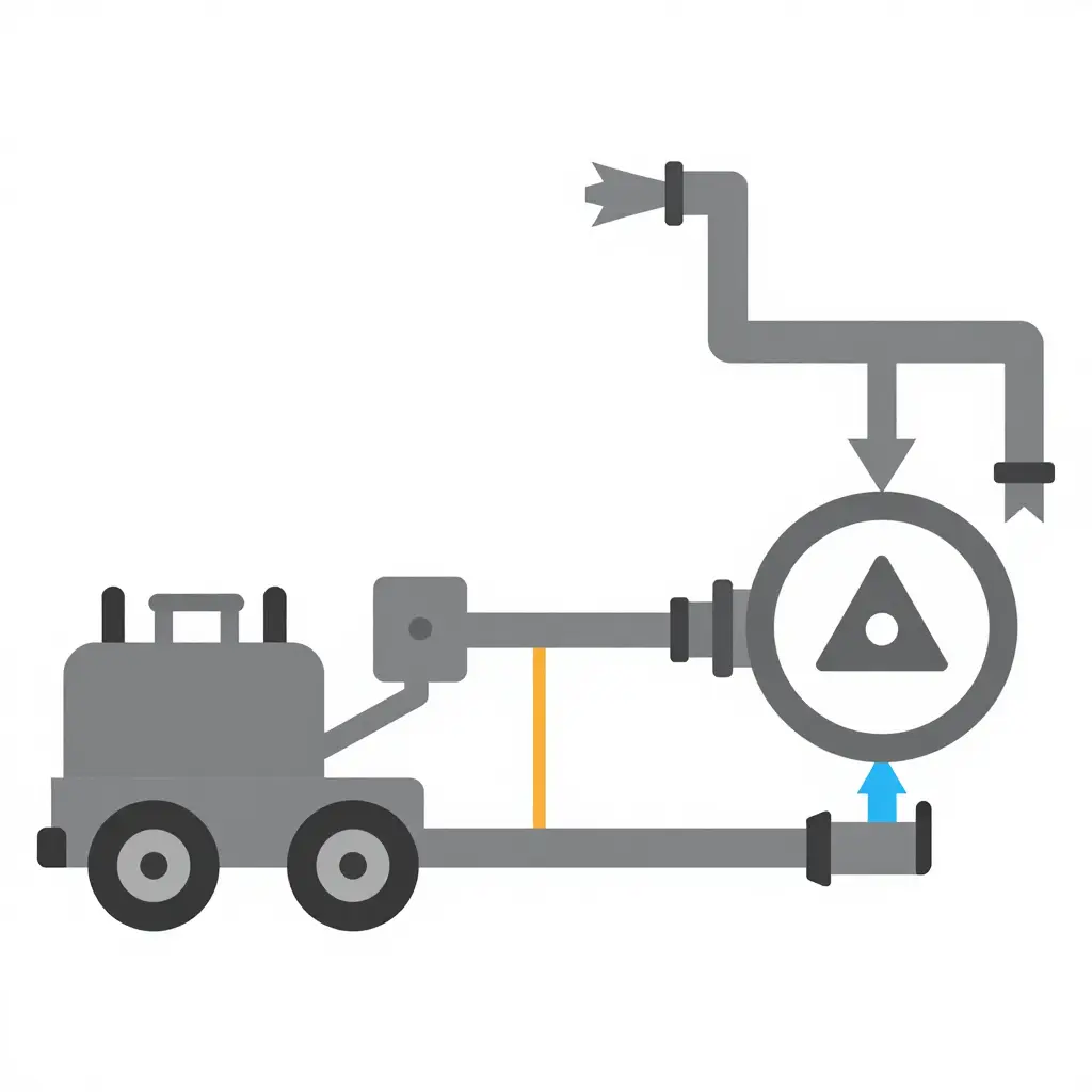 Flat 2D vector schematic of a fire truck pump and drivetrain system showing the chassis engine block, PTO gearbox, drive shaft, fire pump housing with impeller, water intake, and discharge manifold connected by flow and mechanical linkage arrows