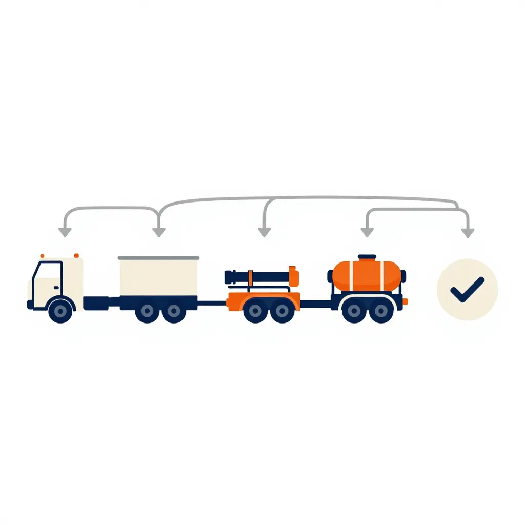 Flat 2D schematic diagram showing the six linear stages of a brush fire truck upfit process arranged left to right with directional arrows: chassis arrival, body mounting, pump installation, tank fitting, electrical wiring, and final inspection, using a muted navy, orange, grey, and cream palette