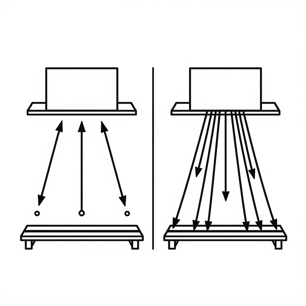 Flat two-dimensional schematic comparing concentrated versus distributed skid unit load paths on a brush truck chassis
