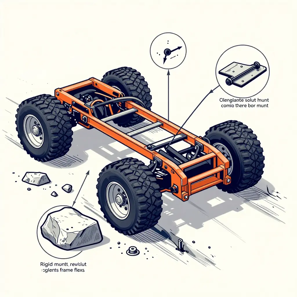 Cutaway engineering diagram of a brush truck chassis under torsional twist on uneven ground, with callouts identifying weld toe cracking, elongated bolt holes, and a loosened fastener at the skid unit mounting brackets