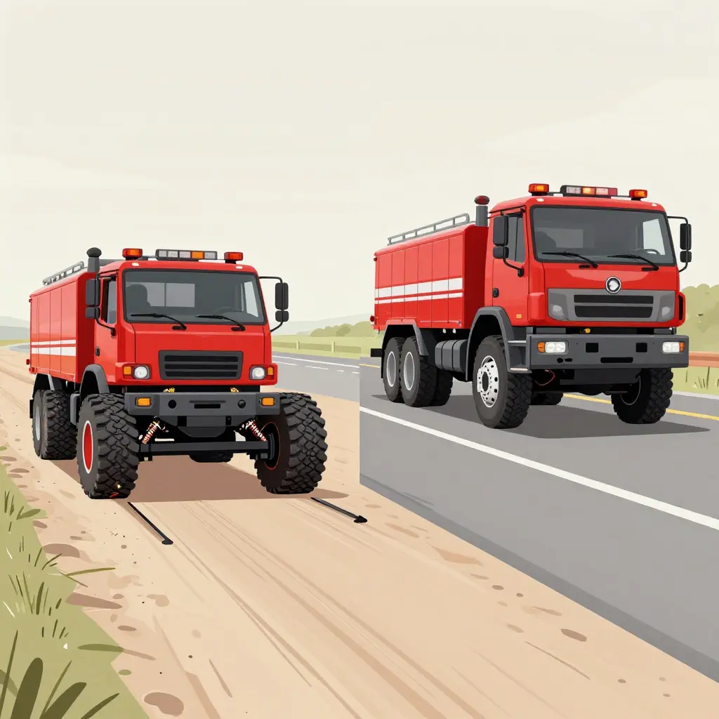 Split illustration of a low-mileage brush truck on an unpaved road with stress highlighted at the skid unit mounting welds, and a high-mileage truck cruising on highway with clean mounts