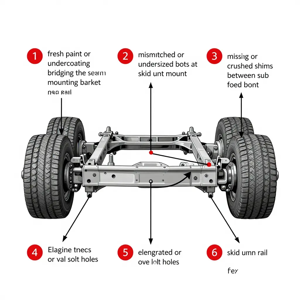 Annotated underbody inspection diagram of a used brush truck chassis showing six red-flagged skid unit mounting inspection points