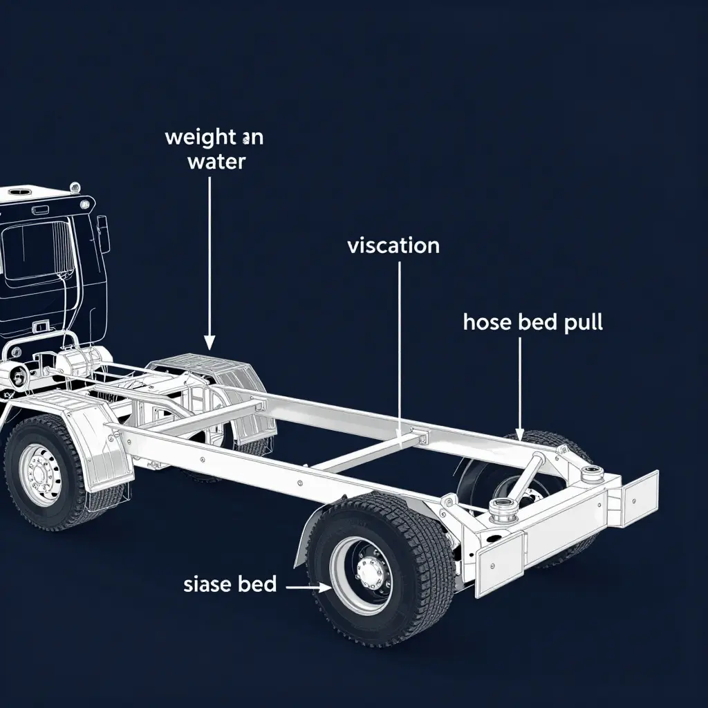 Technical diagram of a brush truck skid unit mounted on chassis frame rails with subframe cradle, elastomer bushings, and load path arrows