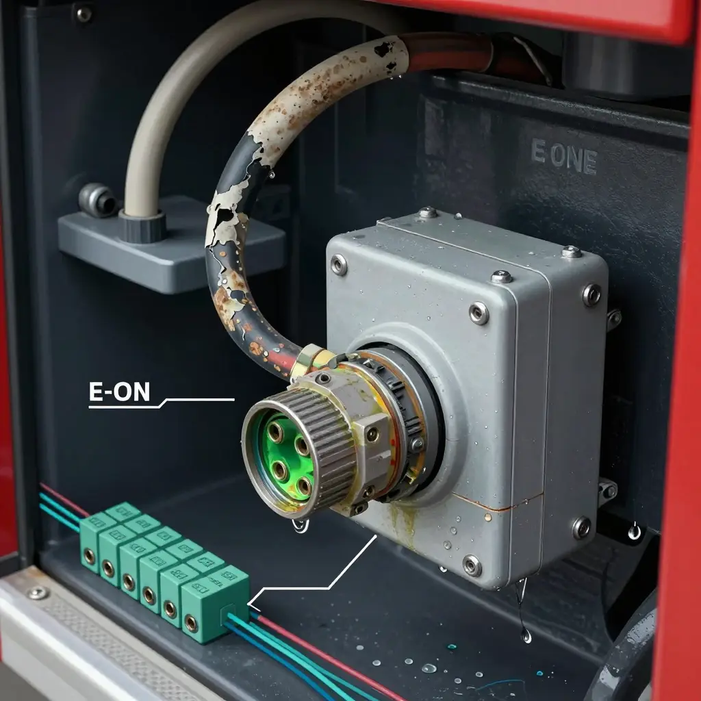 E-One pumper multiplex wiring harness, corroded connector, and node box water intrusion with CAN bus network cutaway