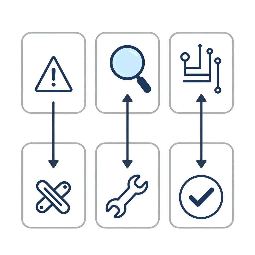 Flat 2D process flow diagram of the multiplex fault diagnostic workflow, showing six stages connected by arrows: symptom warning icon, CAN bus scan, node isolation, harness inspection, wrench repair, and checkmark function verification.