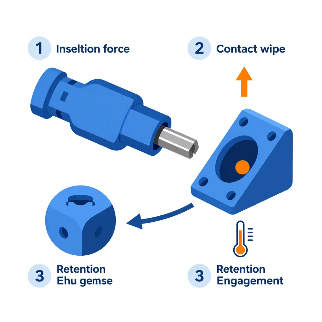 Diagram of the four phases of an electric bus charging plug cycle: insertion force, contact wipe, retention engagement, and withdrawal