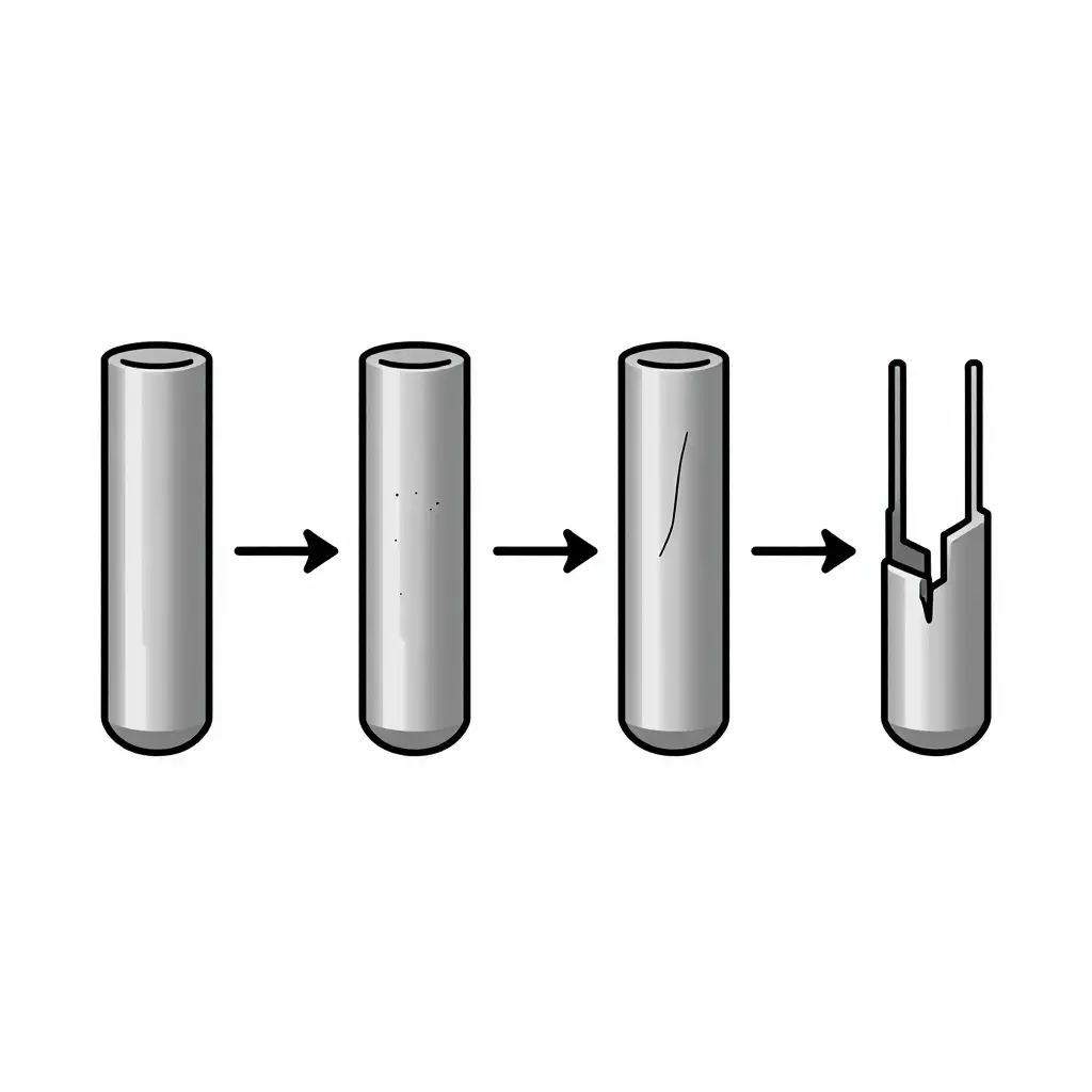 2D schematic flow diagram showing four stages of electric bus charging connector pin failure: Stage 1 smooth contact surface, Stage 2 surface fretting marks, Stage 3 hairline fatigue crack, Stage 4 full crack and power loss