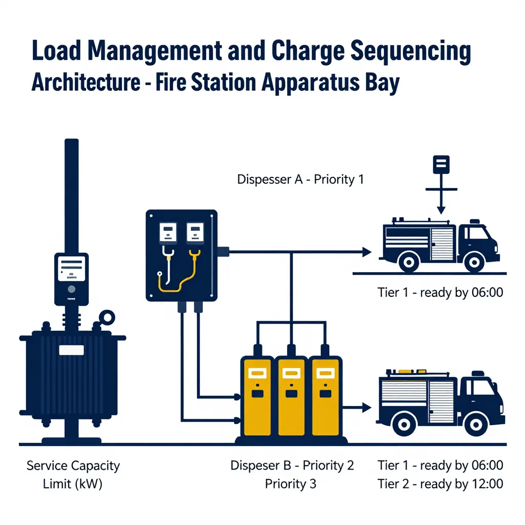 Technical schematic of a fire station load management architecture showing a utility service entrance with a demand-limiting setpoint, a controller receiving submeter data, power-sharing dispensers with priority tiers, and an electric pumper sequenced to a readiness deadline.