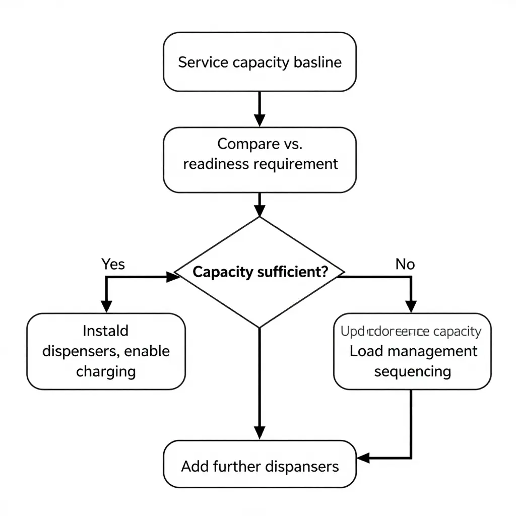 Minimal two-dimensional decision flowchart: establish service capacity baseline, compare with readiness requirement, then branch - if capacity is sufficient, install dispensers and enable charging; if insufficient, either upgrade service capacity or apply load management sequencing before adding further dispensers