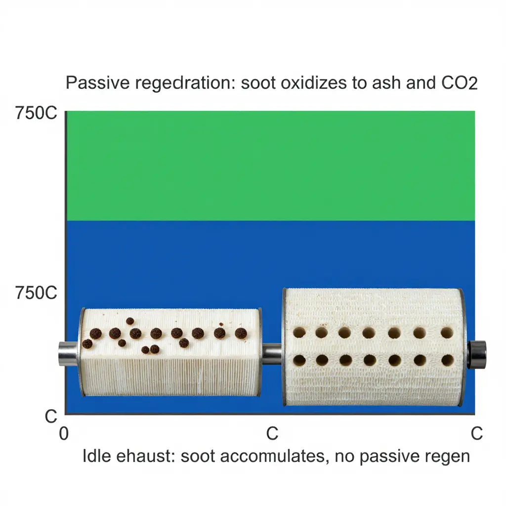 Diagram of the DPF thermal regeneration window, showing idle exhaust below 250°C where soot accumulates and the 550°C-plus zone where thermal regeneration burns off soot