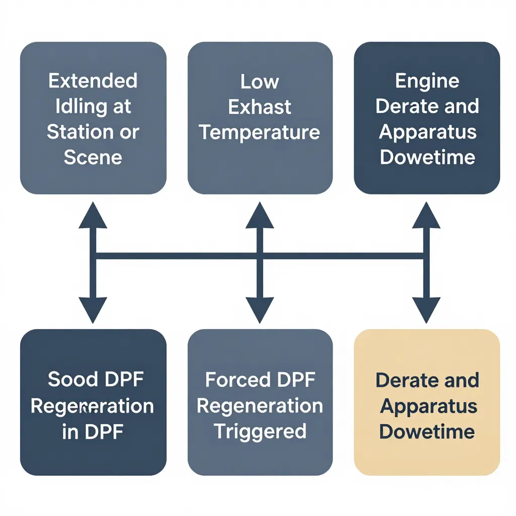 Flowchart showing how extended idling leads to low exhaust temperature, soot accumulation, forced DPF regeneration, and engine derate downtime