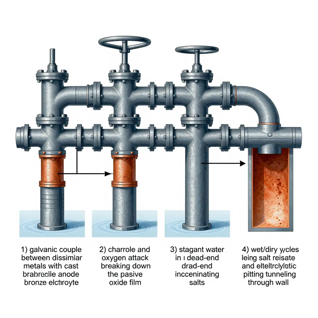 Technical schematic of pump manifold corrosion progression in four stages: galvanic couple between dissimilar metals, chloride and oxygen attack, stagnant water salt concentration, and wet/dry cycling electrolytic pitting
