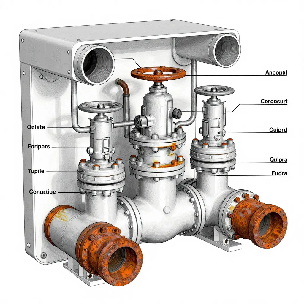 Cutaway engineering diagram of a fire pump manifold showing the inlet port, discharge outlets, discharge valves, valve seats, gaskets, and internal water passages, with corrosion zones highlighted in orange at the inlet and outlet ports and internal passages