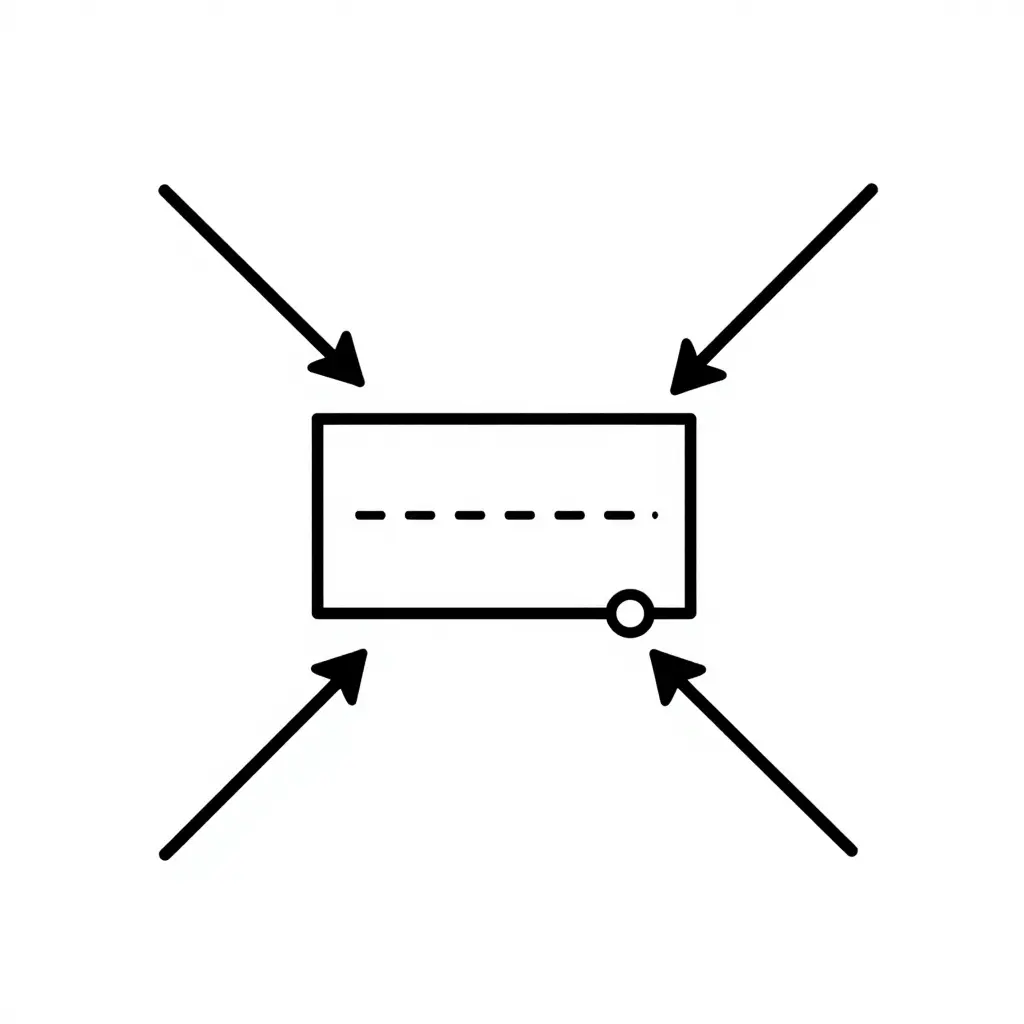 Minimalist flat 2D technical schematic diagram of hydrant approach geometry, showing a fire engine rectangle with a centerline, a hydrant point, two alternative approach vectors at different angles, and a dashed hose path from the apparatus connection to the hydrant