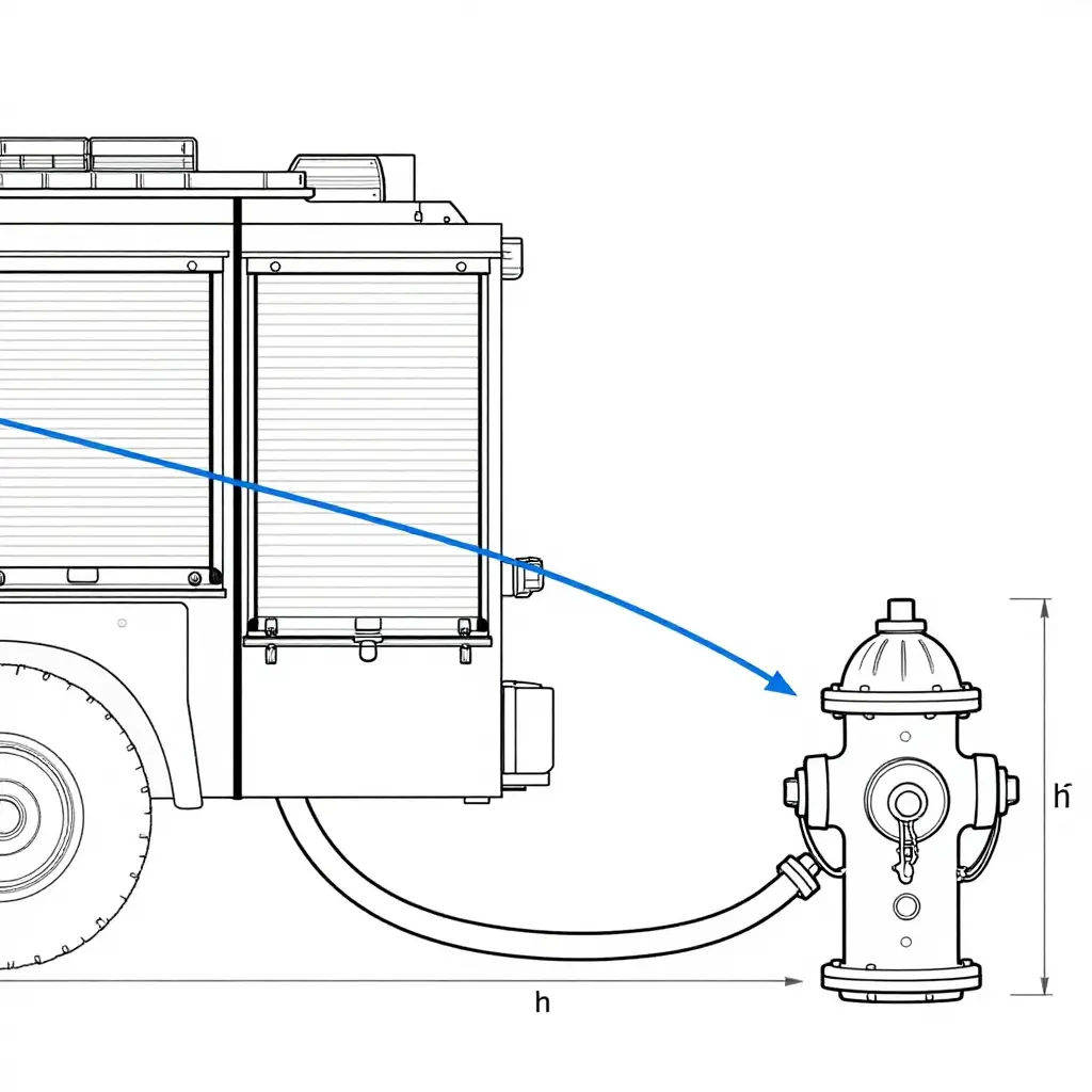 Technical top-down schematic of fire apparatus approach-angle geometry at a hydrant, showing centerline, approach angle, bend radius, and hose routing