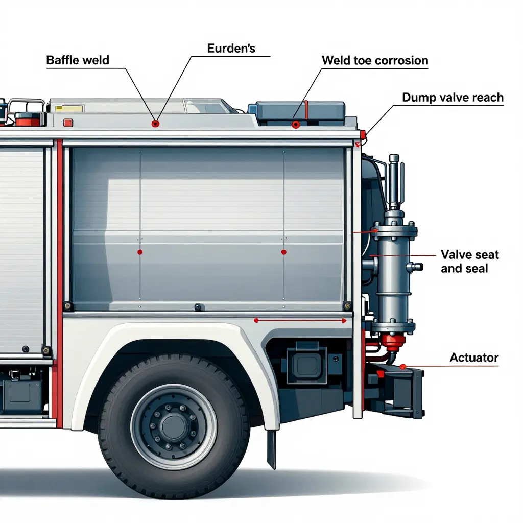 Cutaway diagram of a fire tanker water tank showing baffle welds, weld toe, dump valve reach, valve seat, seal, and actuator inspection points
