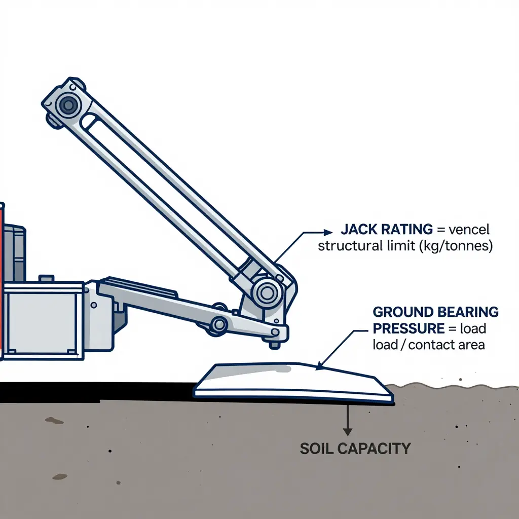 Technical schematic of a fire truck outrigger cylinder deployed, showing the jack rating as a cylinder structural limit and ground bearing pressure as load divided by contact area.