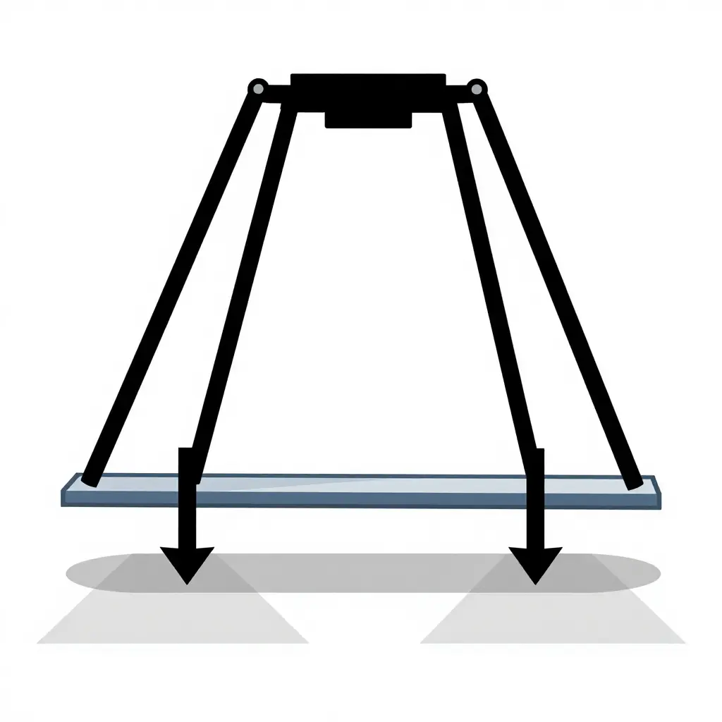 Simple 2D schematic showing an aerial apparatus with four outriggers, each transmitting a downward load through a floating pad into the ground, with pressure spread over the pad footprint
