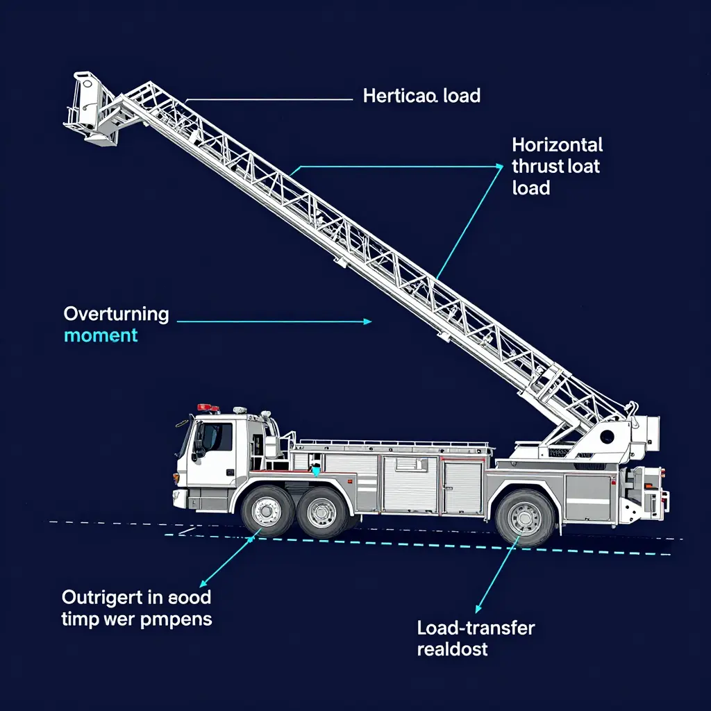 Technical diagram of a fire truck aerial ladder showing the overturning moment about the tipping line and load transfer to the outrigger pads