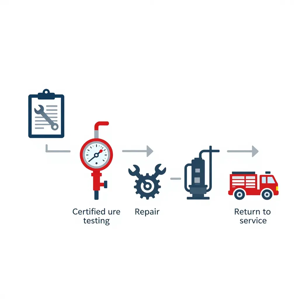 A simple 2D flat-design workflow diagram illustrating the certified fire pump service process in a clean left-to-right layout, with icons and arrows for intake and diagnosis, certified pump testing, repair, verification testing, and return to service.
