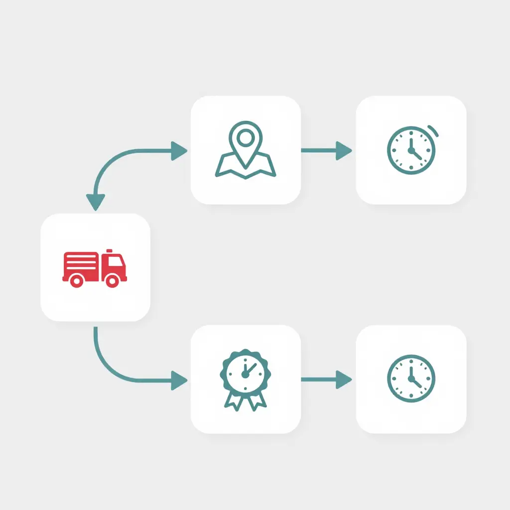 A flat two-dimensional decision diagram showing a fire truck start node branching into two paths: a location map-pin node leading to a long-arrow clock icon, and a certification badge node leading to a short-arrow clock icon, illustrating that certification drives faster turnaround