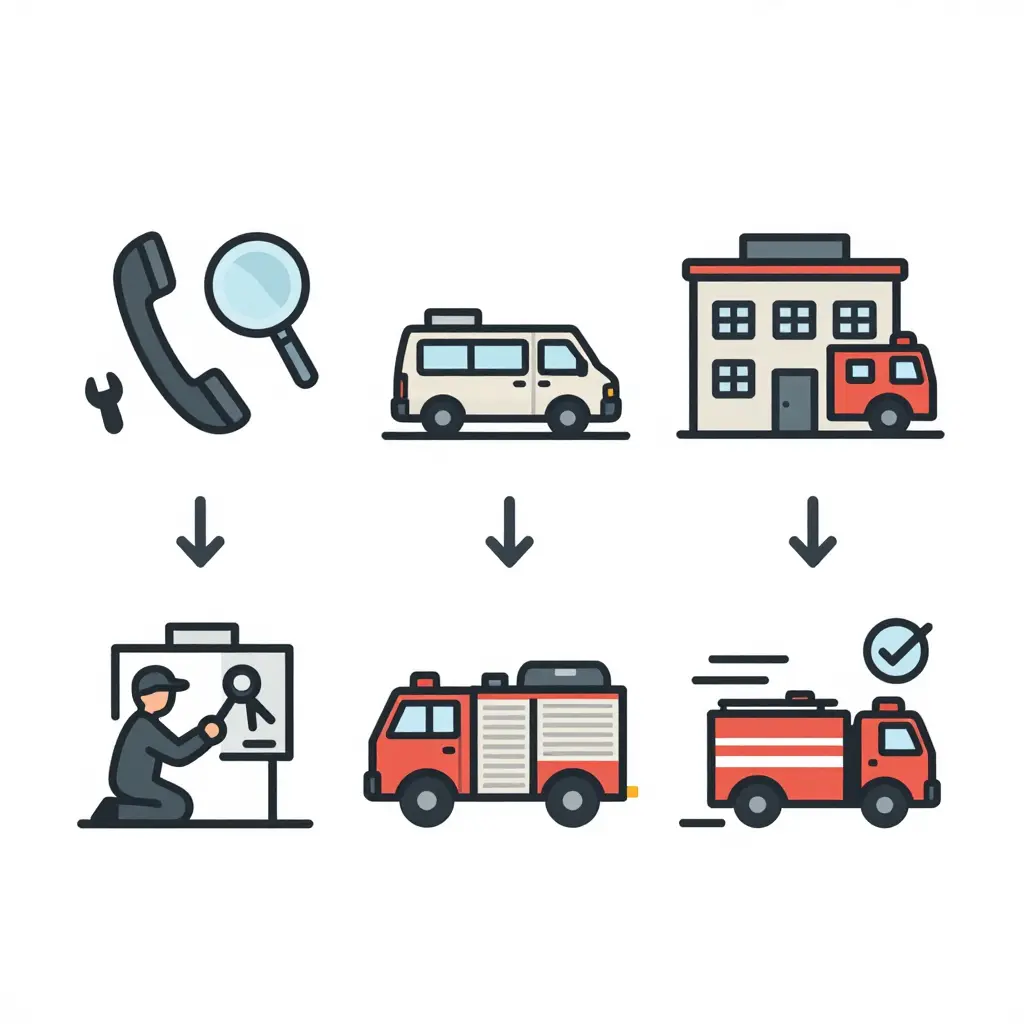 Minimalist 2D instructional diagram showing the four-stage mobile mechanic workflow for fire truck service: (1) call and diagnosis, (2) mobile unit arrival at the station, (3) on-site repair, (4) return to service