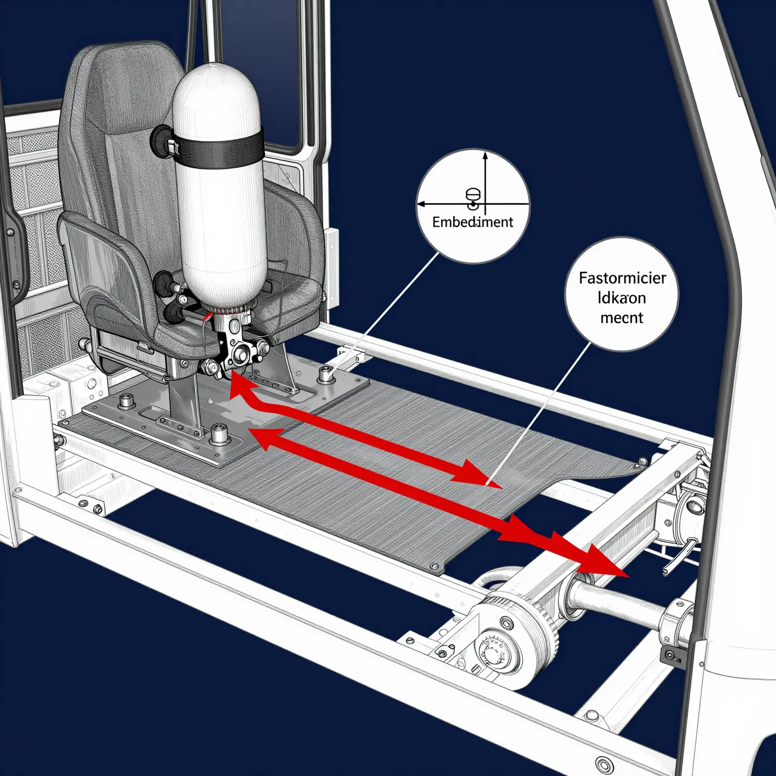 Engineering schematic showing the continuous restraint load path from an SCBA seat bracket through fasteners, reinforcement plate, and cab floor substrate into chassis-level frame structure