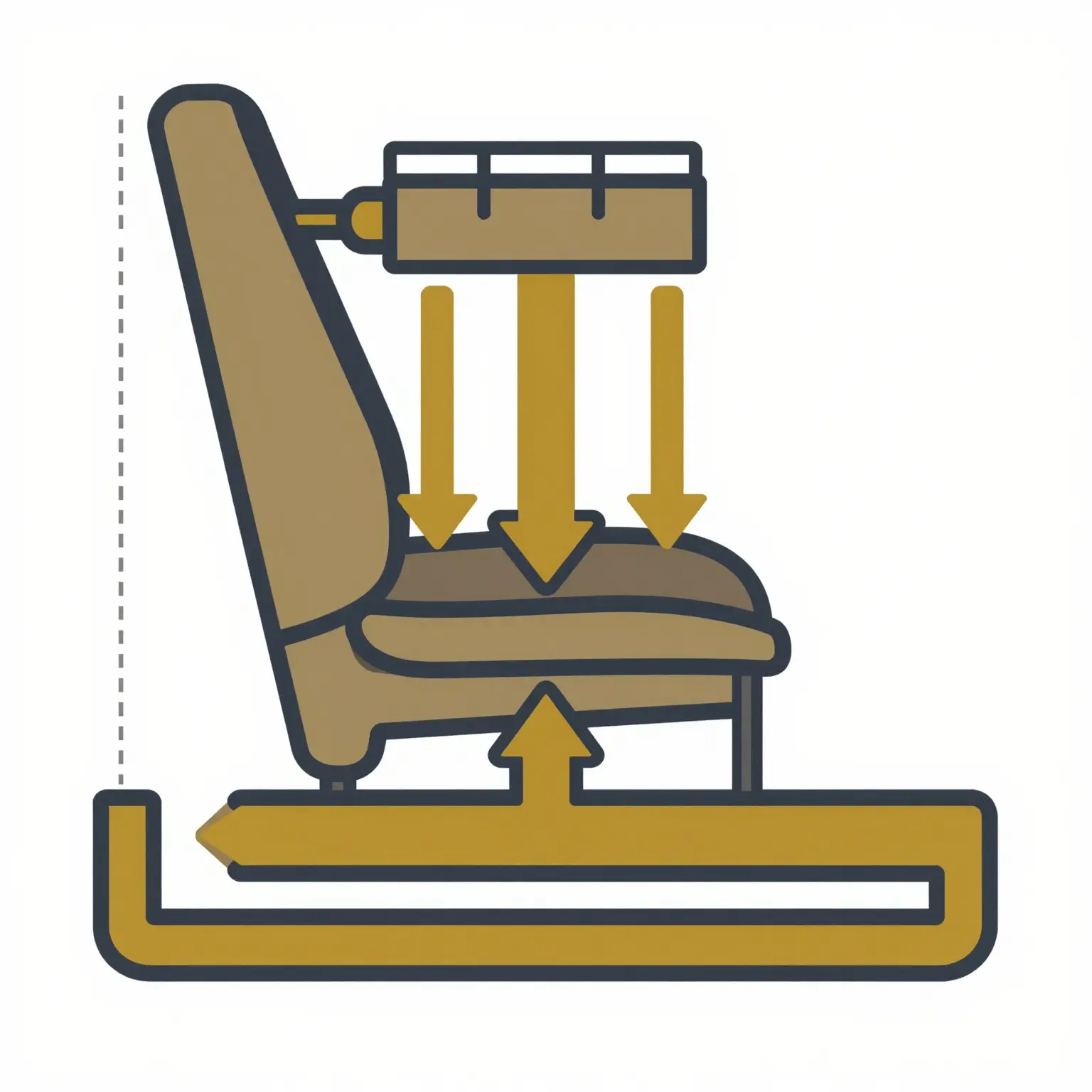 Flat two-dimensional schematic of an SCBA seat bracket load path, showing directional arrows transferring force from the bracket through the seat pedestal and floor reinforcement plate into the cab floor cross-member
