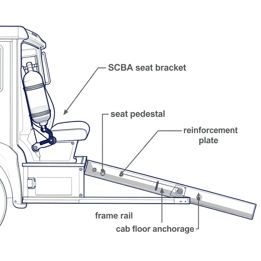 Cutaway technical diagram tracing the load path from an SCBA seat bracket through the seat pedestal and cab floor anchorage into the chassis frame rail