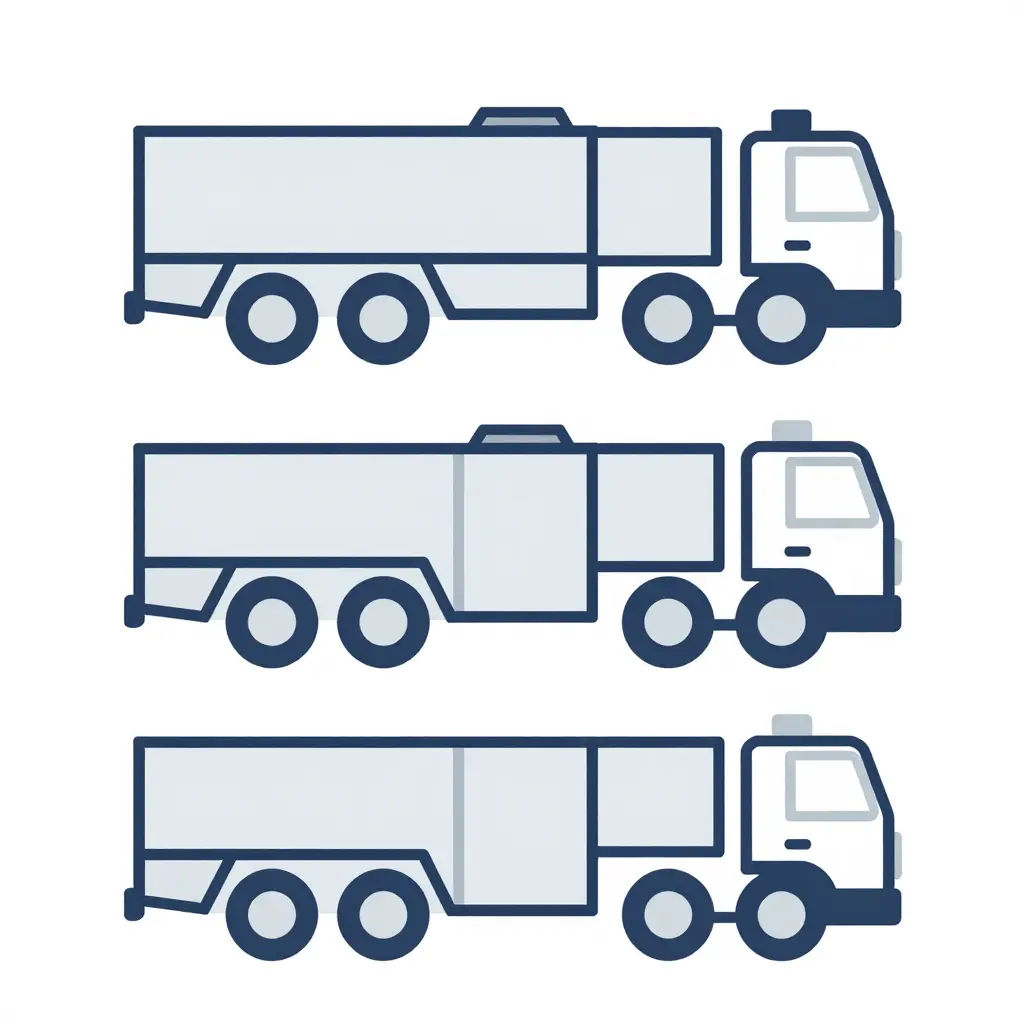 Fire truck water tank placement options diagram showing rear-mount, mid-ship, and side-saddle tank positions on a truck chassis