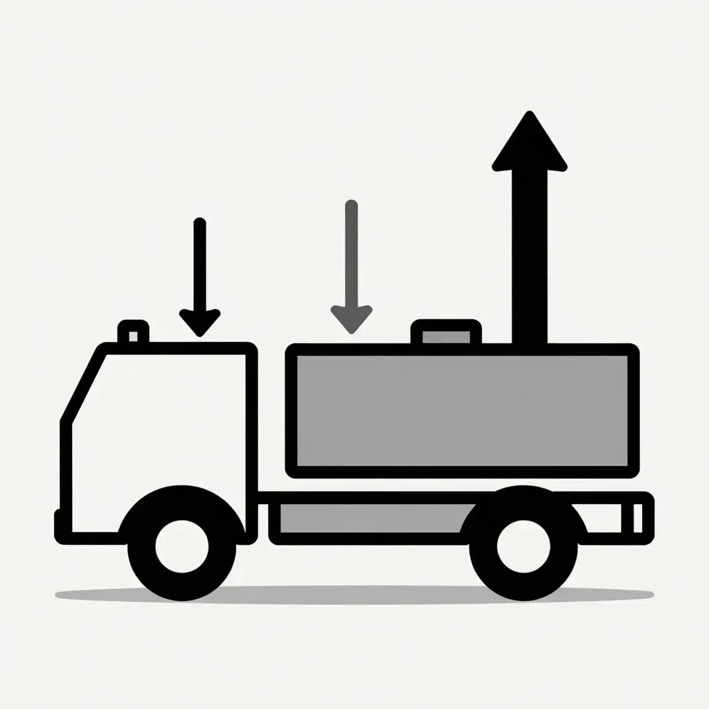 Simplified 2D side-view schematic of a fire truck chassis showing the water tank positioned toward the rear and load-transfer arrows at the front and rear axles, with a heavier downward arrow at the rear axle.